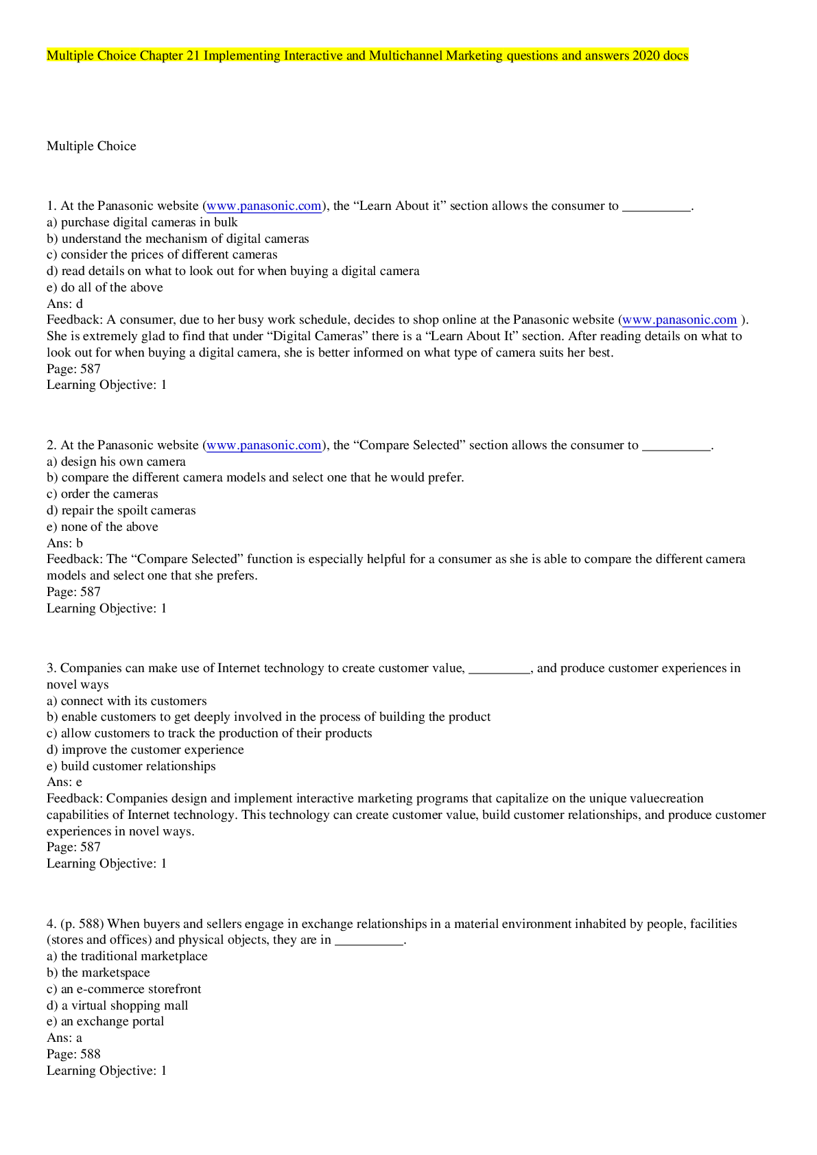 Preview image for Multiple Choice Chapter 21 Implementing Interactive and Multichannel Marketing questions and answers 2020 docs
